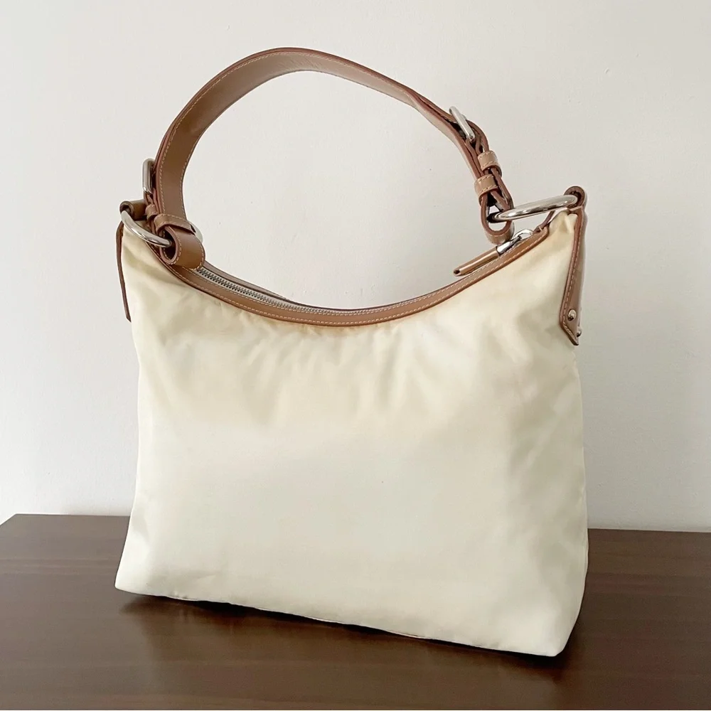 Prada white nylon camel brown leather embossed logo shoulder hobo bag